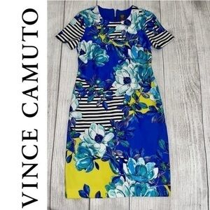VINCE CAMUTO Women’s Blue Floral & Striped Midi Dress - Size 2